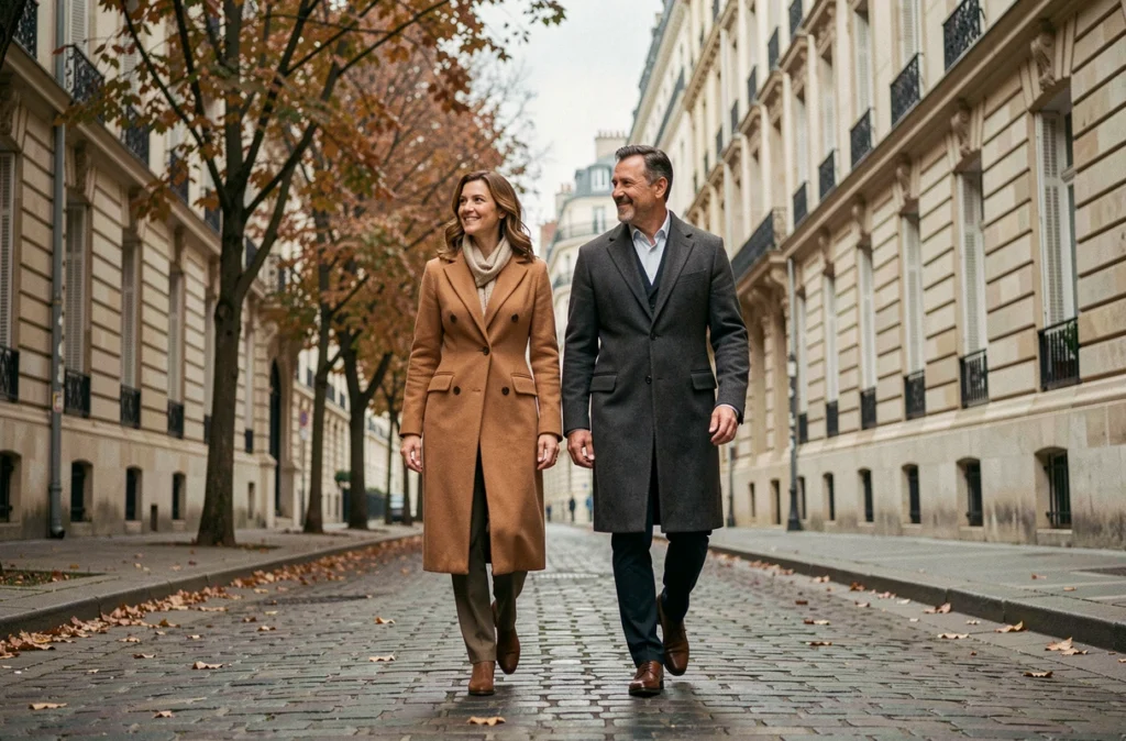 Couple marchant dans une rue pavée parisienne historique symbolisant leurs valeurs communes et leur vision de la famille