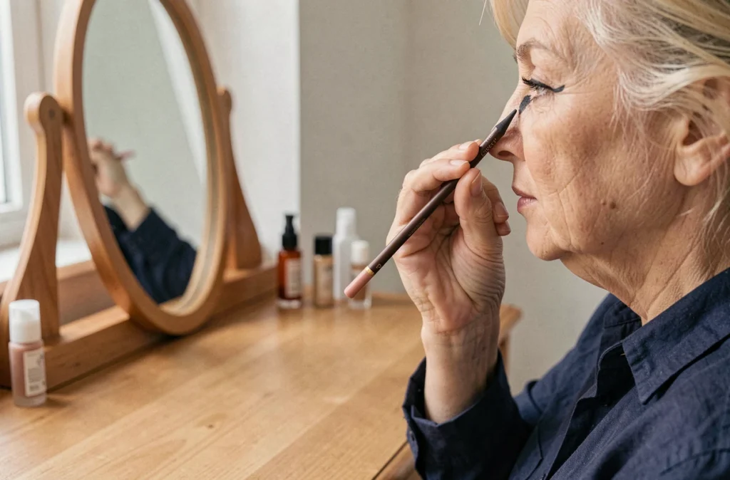 Femme de 70 ans traçant un trait de crayon estompé sur le bord de la paupière supérieure avec son doigt