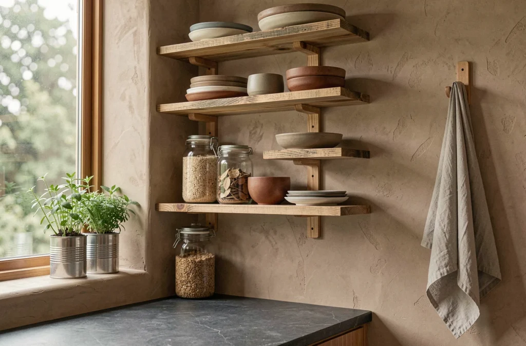 Cuisine minimaliste écoresponsable avec étagères en bois recyclé, bocaux en verre et petites plantes aromatiques dans des boîtes de conserve recyclées