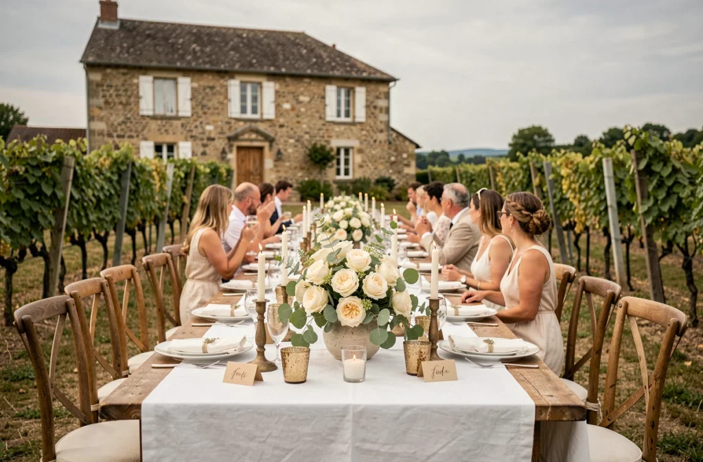 Table de réception de mariage en plein air dans un vignoble en Provence avec décoration florale élégante et ambiance rustique chic