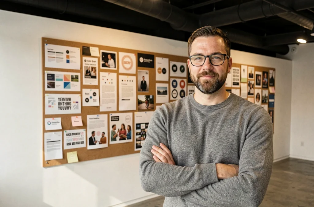 Directeur créatif d'une agence web innovante présentant une stratégie de marque visuelle pour renforcer la visibilité d'une entreprise