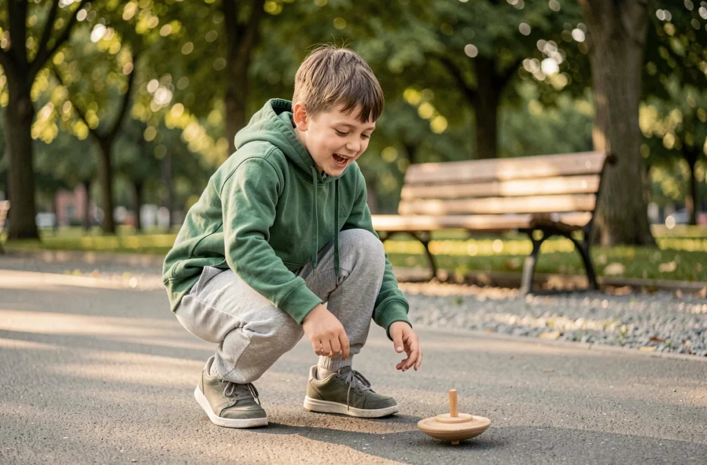 Garçon jouant avec une toupie en bois sur un chemin pavé dans un parc urbain verdoyant