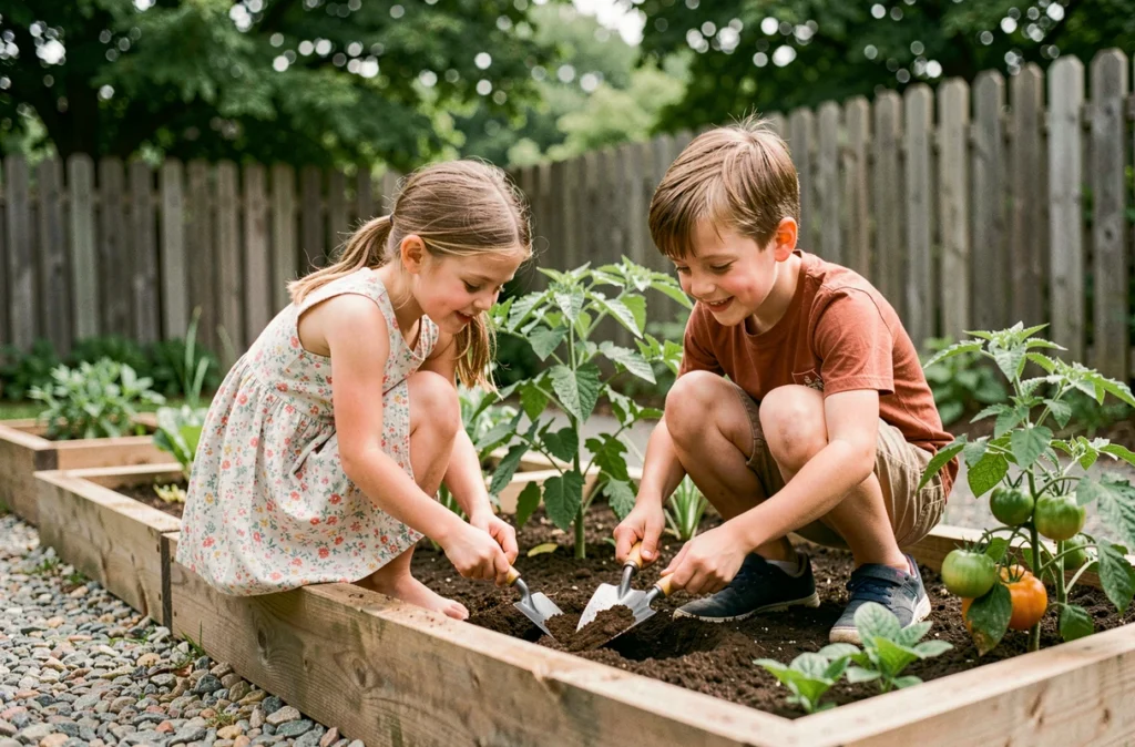 Deux enfants qui jardinent ensemble dans le jardin familial, activité éducative favorisant le bien-être et l'autonomie