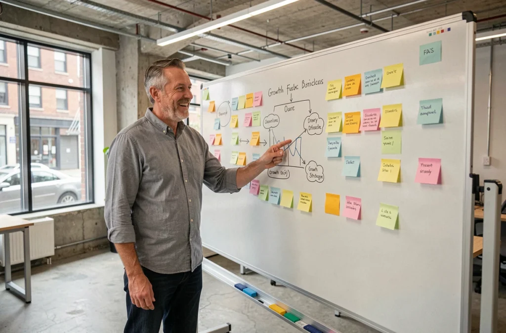 Homme d'affaires en chemise grise présentant une stratégie de croissance sur un tableau blanc couvert de notes colorées dans un bureau de startup moderne
