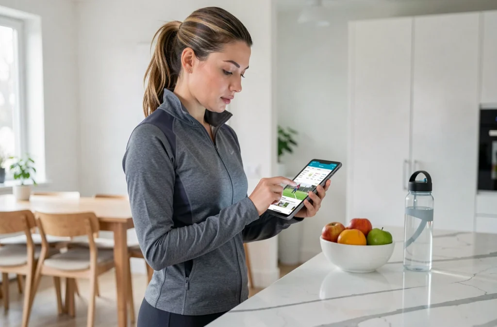 Femme consultant une application sportive sur tablette dans une cuisine moderne