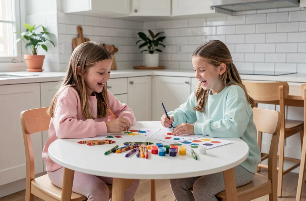 Deux fillettes riant en peignant ensemble avec des aquarelles sur une table dans une cuisine moderne