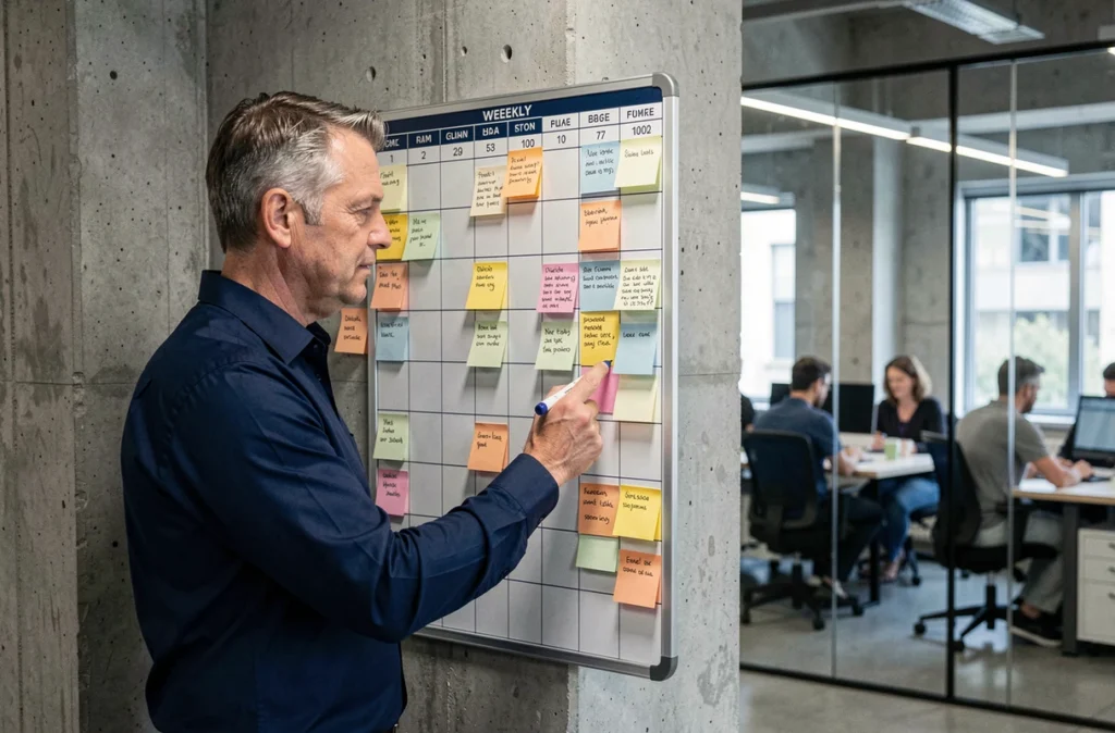 Homme professionnel utilisant un grand tableau de planification hebdomadaire avec des post-it colorés dans un bureau moderne