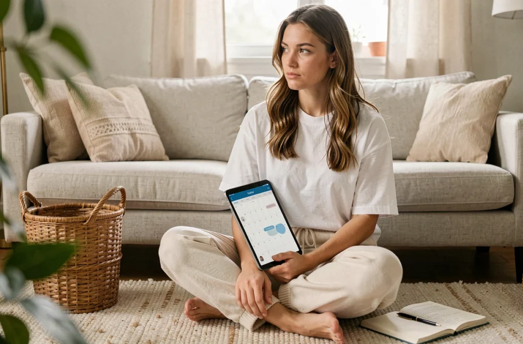 Jeune femme organisant son quotidien avec une application de planner sur tablette et un carnet papier, ambiance salon cosy