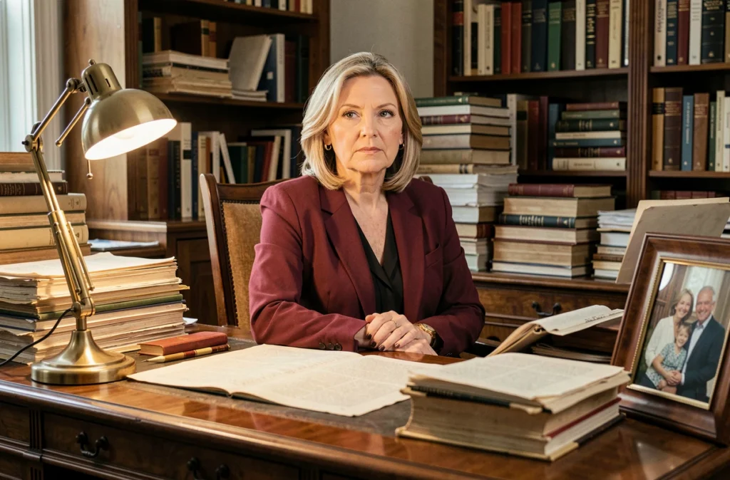 Femme journaliste et éditorialiste à son bureau entouré de livres évoquant ses convictions et sa vision familiale
