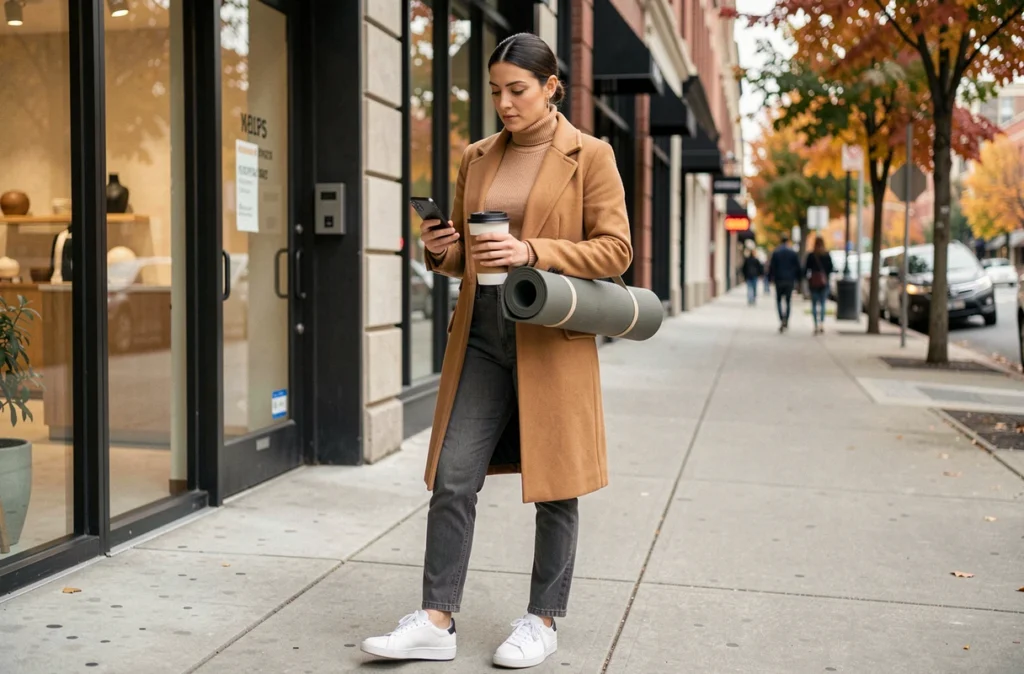 Maman active et tendance en manteau camel devant un studio de yoga avec café et tapis de sport
