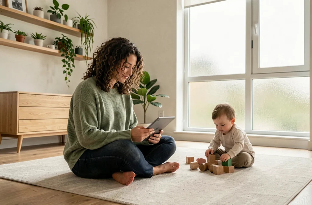 Maman moderne en pull vert sauge utilisant une tablette dans un salon scandinave avec son enfant