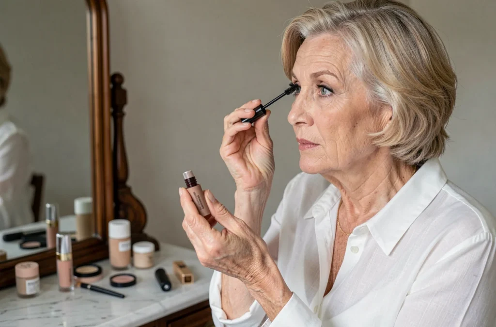 Femme senior appliquant un mascara non waterproof avec une brosse sur ses cils supérieurs devant un miroir