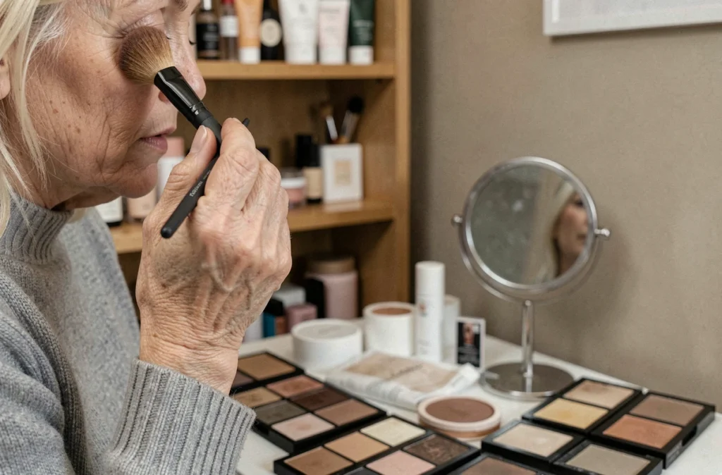 Femme senior appliquant une ombre à paupières mate avec un pinceau estompeur sur une palette de tons neutres