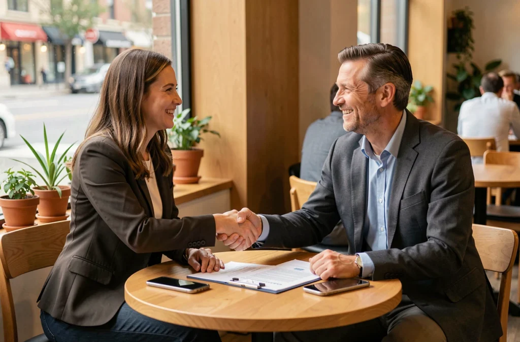 Deux associés souriants se serrant la main autour d'une table dans un café contemporain après avoir conclu un accord de partenariat commercial, avec des documents et des smartphones sur la table