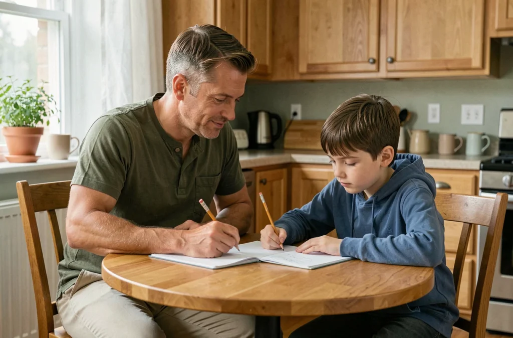 Père aidant son fils à faire ses devoirs à la table de cuisine, exemple concret d'accompagnement éducatif parental