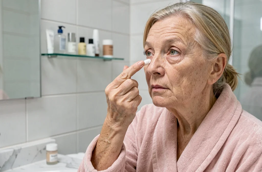 Femme de plus de 70 ans appliquant un primer paupières avec son doigt devant un miroir de salle de bain