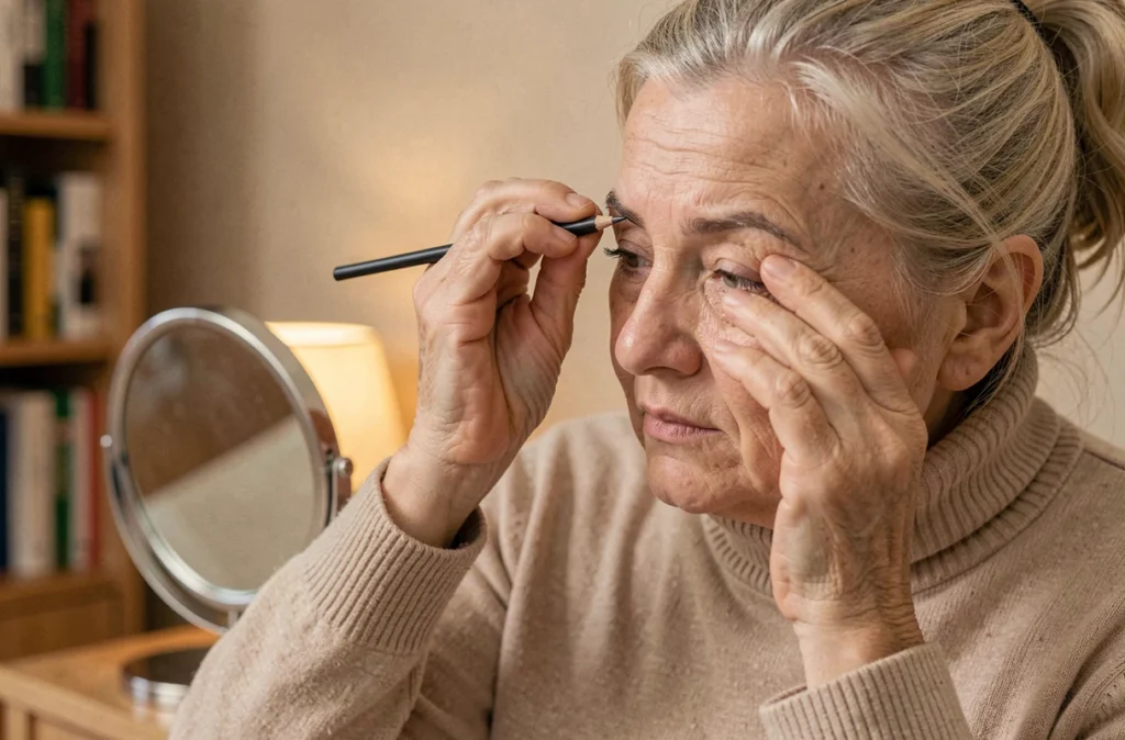Femme de plus de 70 ans redessinant ses sourcils avec un crayon fin à pointe précise devant un miroir grossissant