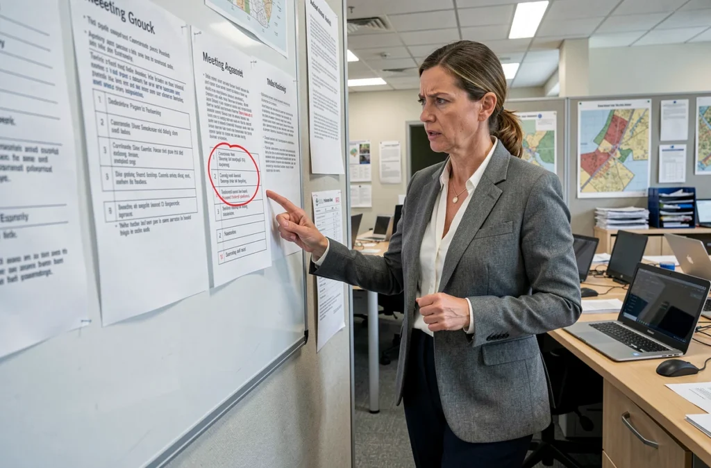 Urbaniste féminine pointant une erreur d'inscription sur un ordre du jour de CAL affiché dans un bureau administratif