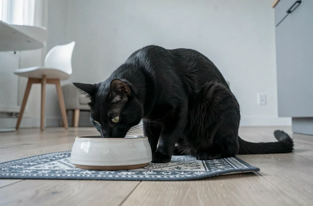 Chat noir en train de renifler sa gamelle en céramique sur un tapis dans un appartement moderne et minimaliste