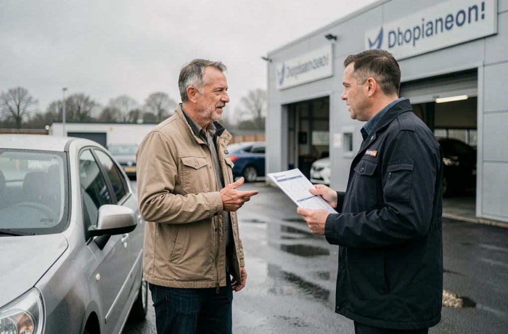 Client et conseiller automobile discutant d'un rapport de diagnostic devant un centre d'optimisation en Normandie