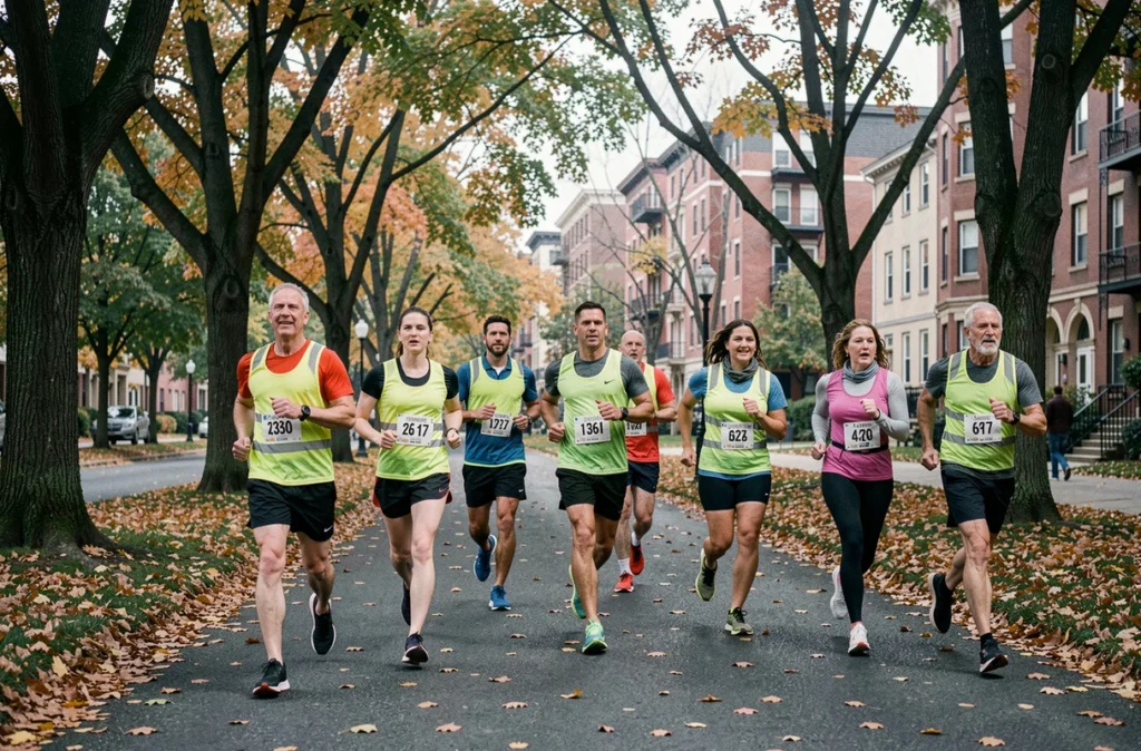 Club de course communautaire réunissant des personnes de tout âge et de toutes origines dans un parc urbain en automne, exemple concret de lien social par le sport