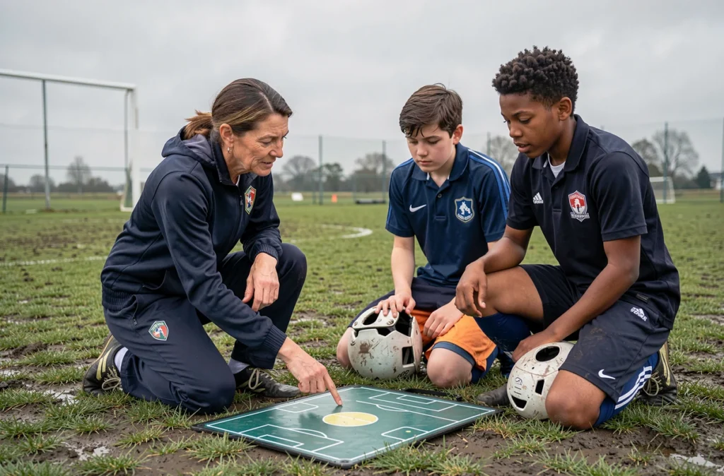 Entraîneuse expliquant une stratégie à deux jeunes joueurs de football issus de cultures différentes, illustration du rôle du sport dans la cohésion sociale