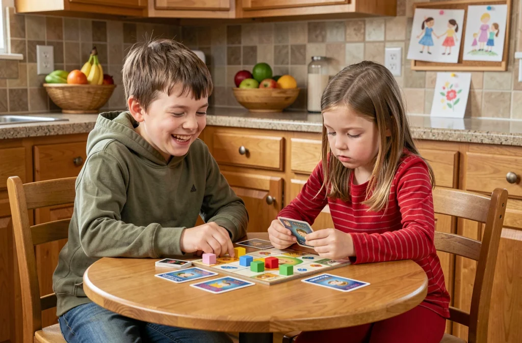 Deux enfants jouant à un jeu de société avec des cartes et des pions colorés autour d'une table de cuisine familiale