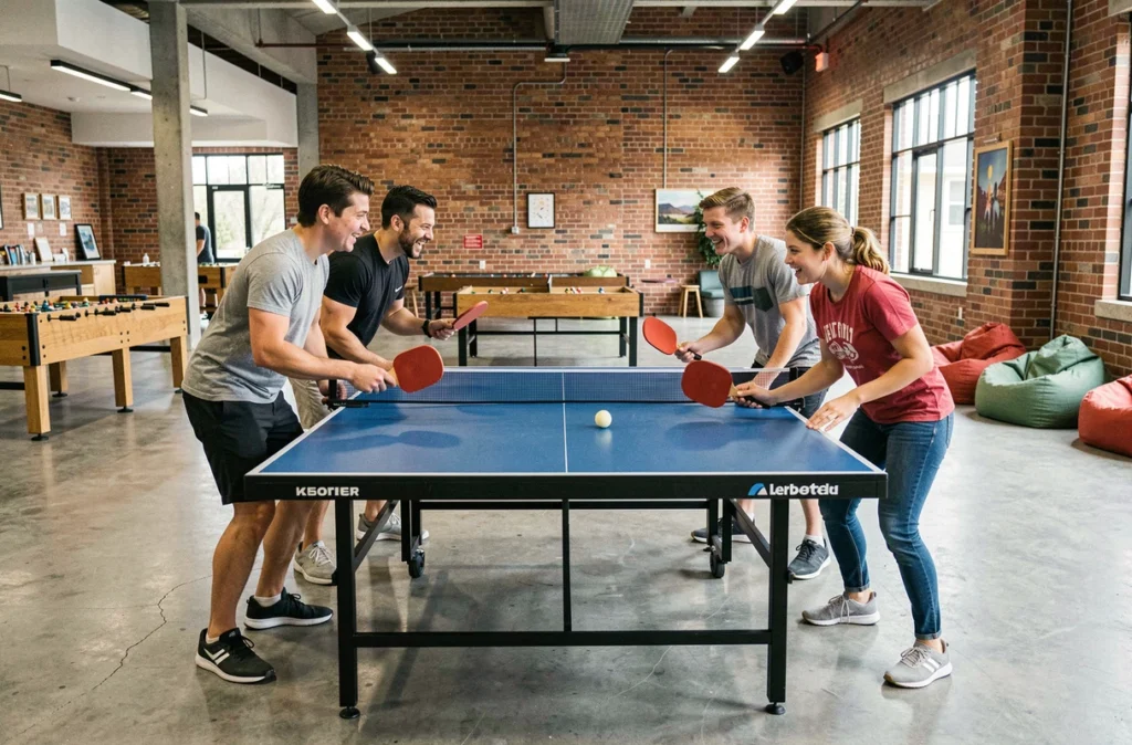 Famille jouant au ping-pong dans un grand espace loisirs communautaire animé et convivial