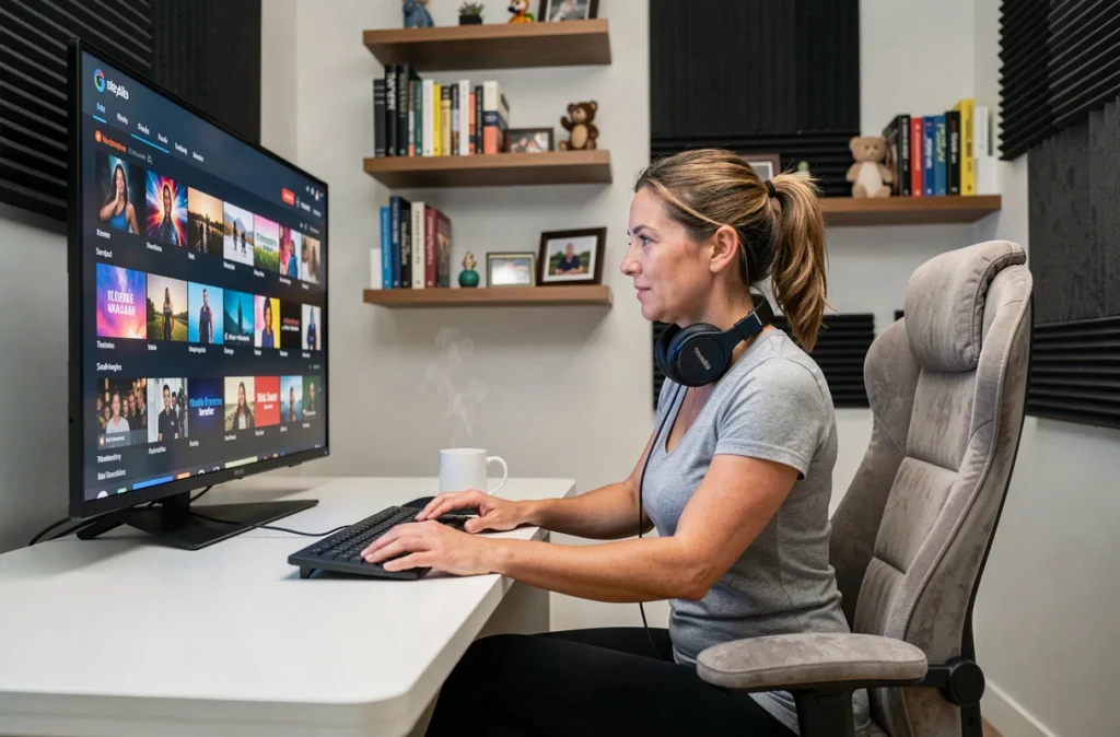 Femme adulte profitant d'un espace loisirs personnel avec streaming vidéo et équipements multimédias modernes