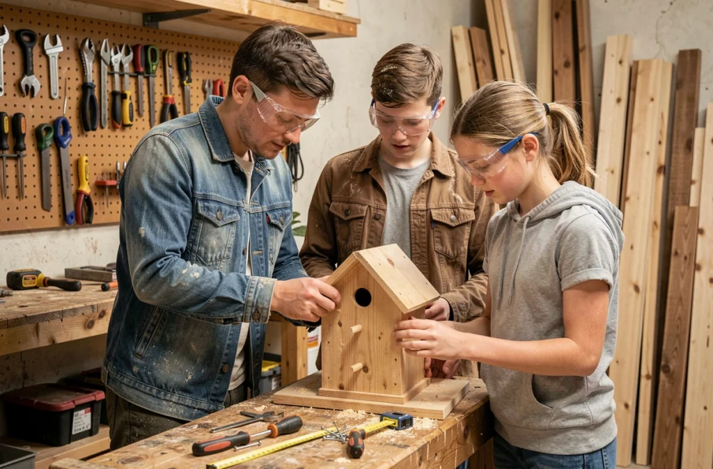 Père et ses deux adolescents construisant une cabane à oiseaux ensemble dans un atelier de bricolage familial