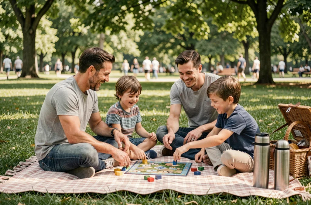Famille jouant à un jeu de société sur un plaid dans un parc verdoyant lors d'un pique-nique
