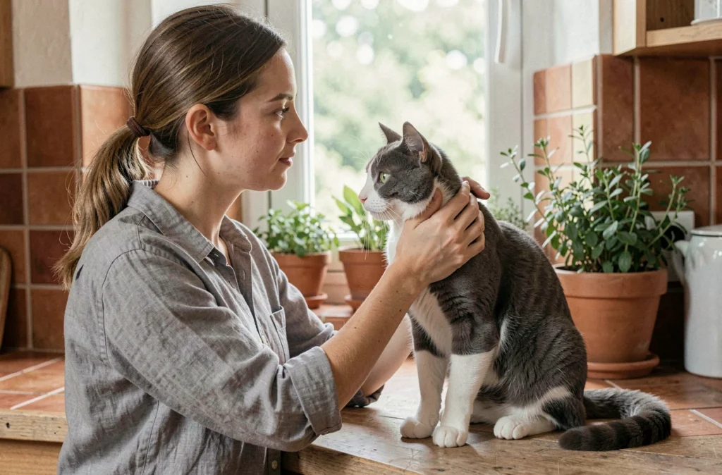 Jeune femme caressant un chat gris et blanc sur un plan de travail en bois dans une cuisine naturelle