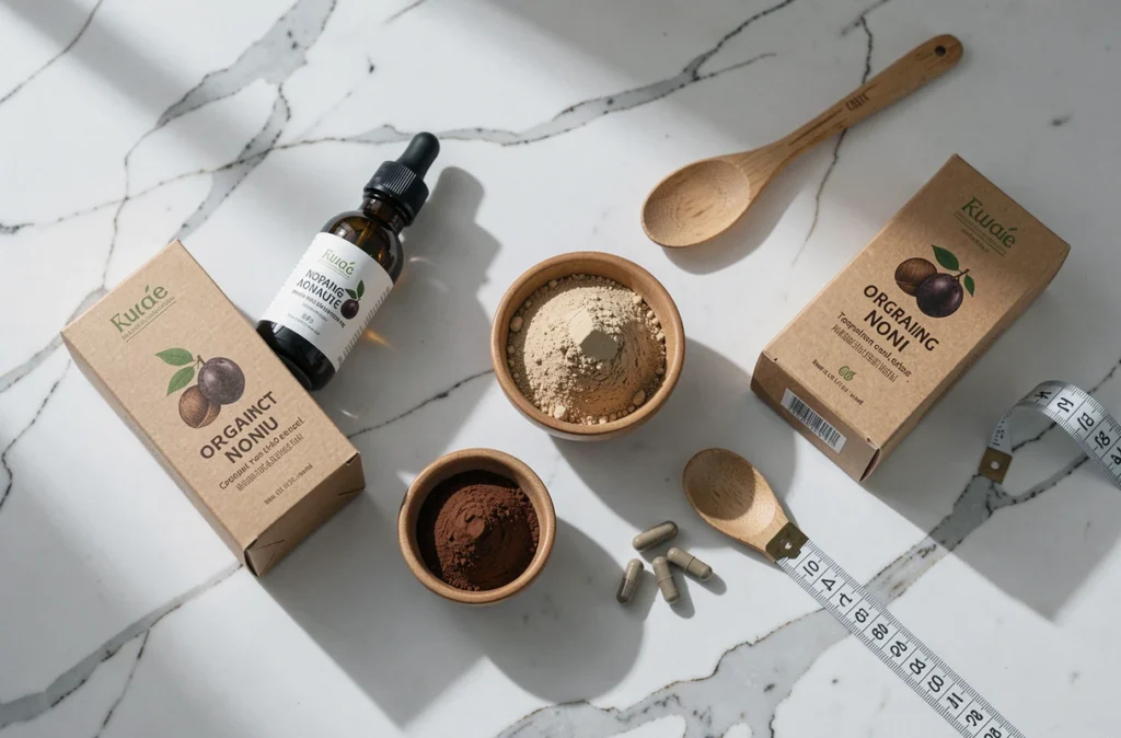 Différentes formes de jus de noni bio — concentré, poudre et gélules — disposées sur marbre blanc pour comparaison minceur