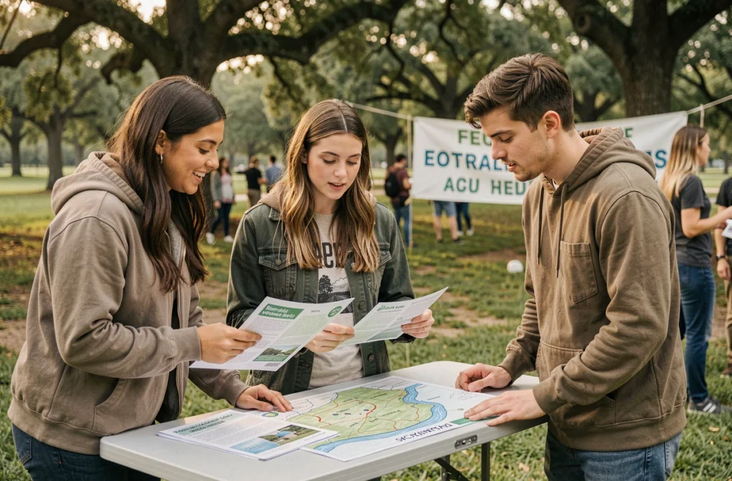 Groupe de jeunes militants écologistes planifiant une action environnementale dans un parc, autour de documents de sensibilisation à l'écologie