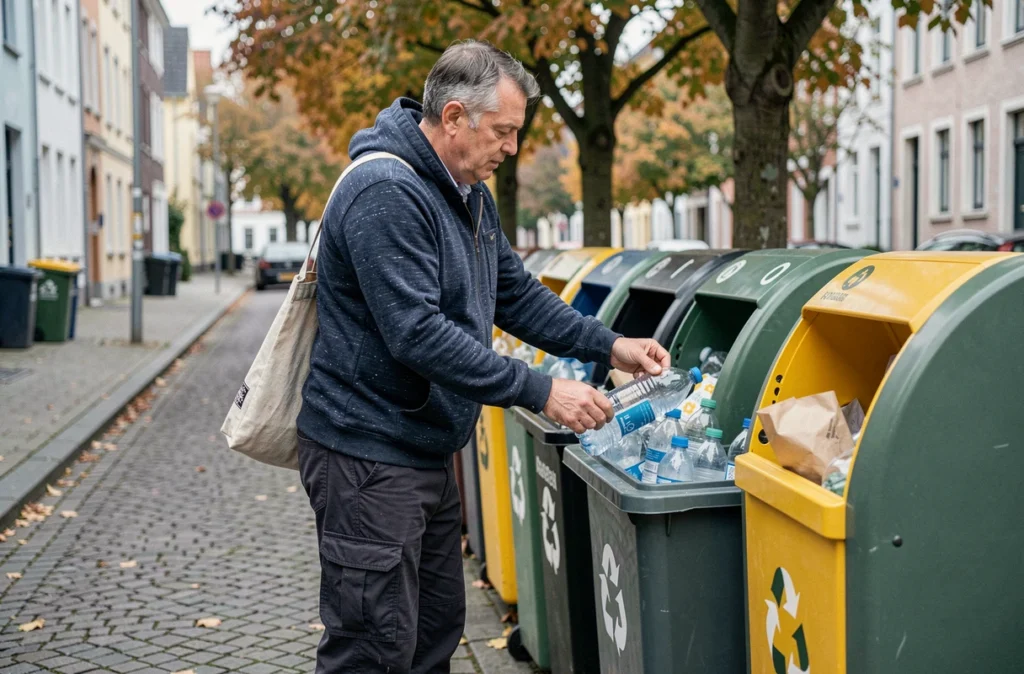 Homme triant des déchets recyclables dans des bacs de tri sélectif en ville, illustrant les gestes écologiques du quotidien