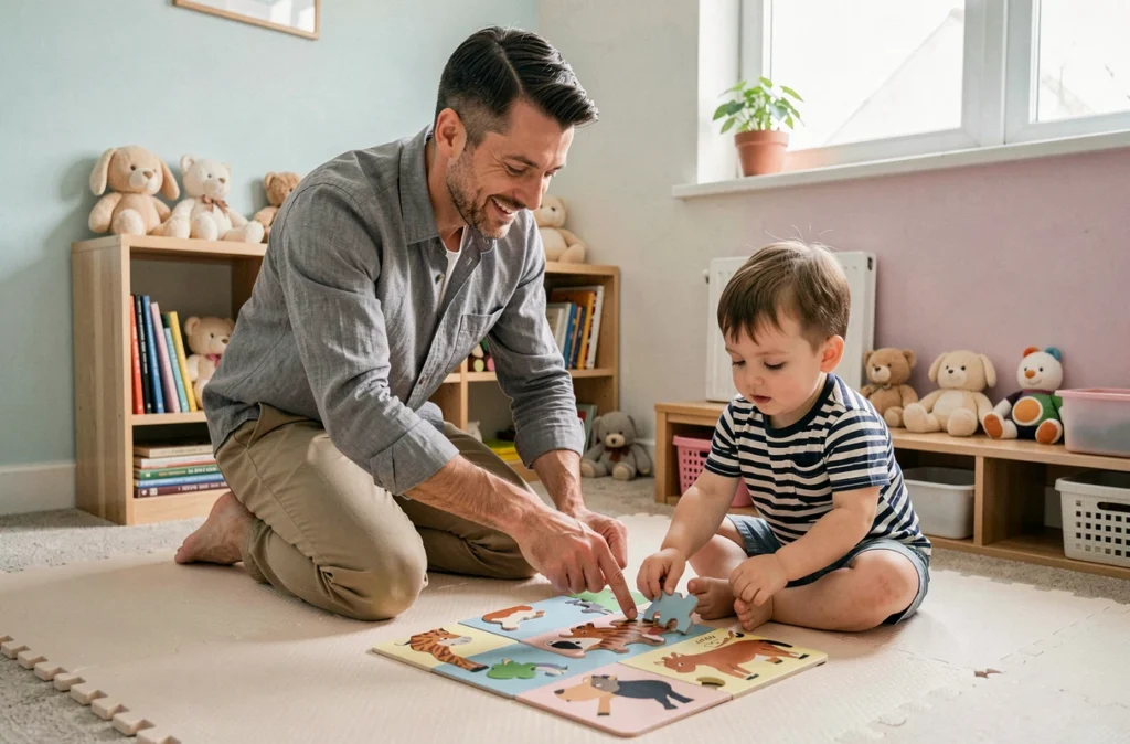 Père aidant son jeune fils à assembler un puzzle en bois dans une chambre d'enfant organisée