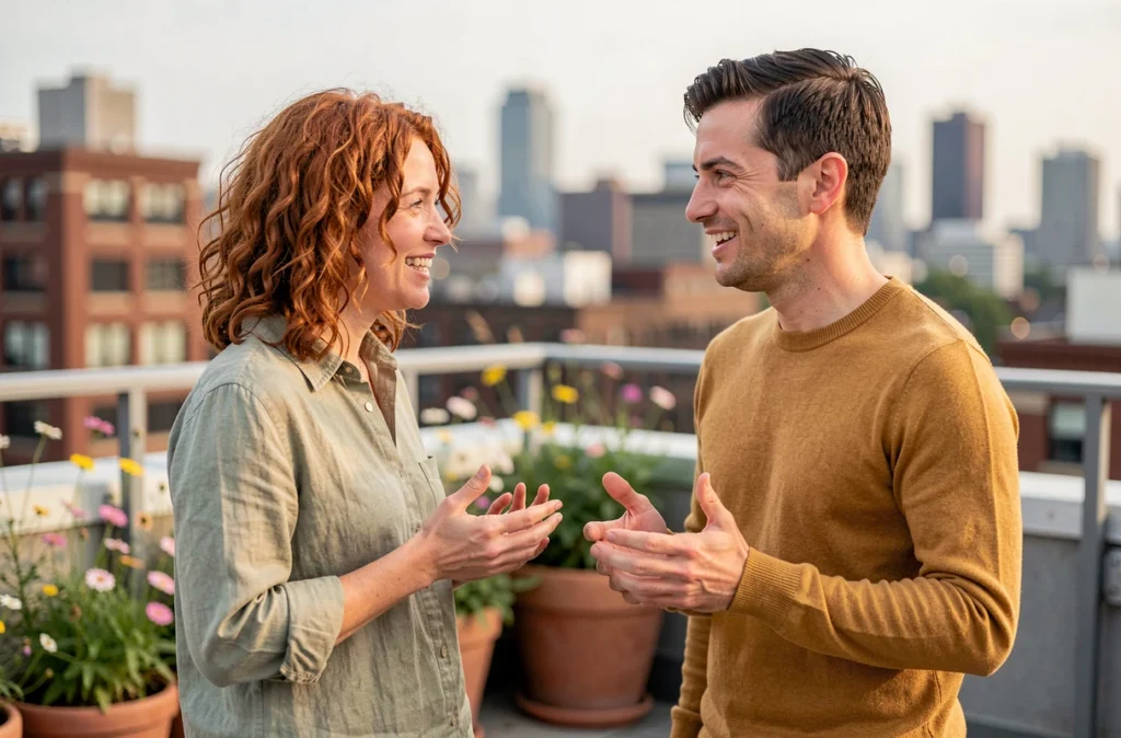 Deux adultes en conversation animée sur une terrasse urbaine, illustrant les nuances des orientations sexuelles comme la spectrasexualité et l'abrosexualité