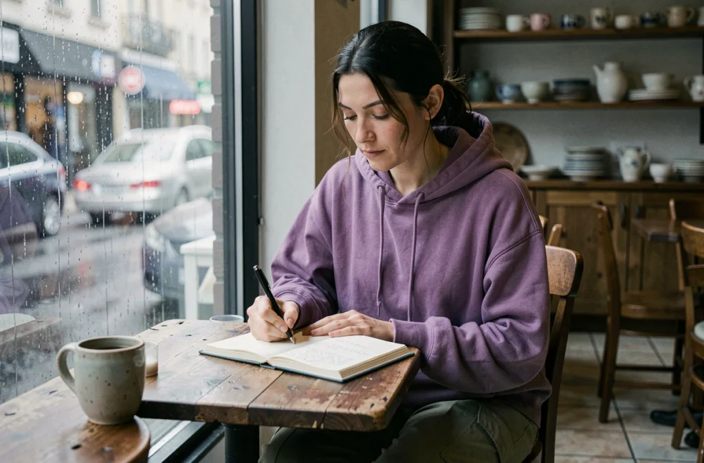 Personne seule écrivant dans un journal dans un café intimiste sous la pluie, évoquant l'introspection liée à la compréhension de la spectrasexualité